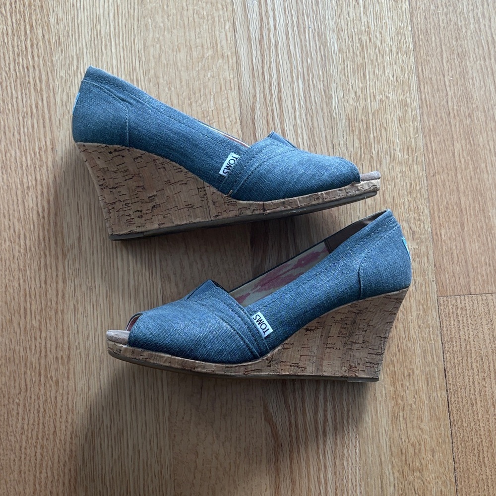 TOMS Denim Blue Cork Wedges